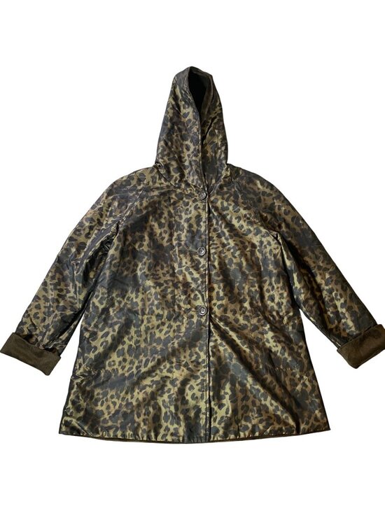 dennis basso Jackets & Blazers - Dennis Basso Reversible Hooded Brown Faux Suede Leopard Coat Large